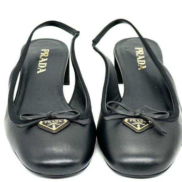 PRADA Triangle Logo Bow Leather Slingback Ballerina Pumps Heels Sandals - Picture 9 of 16